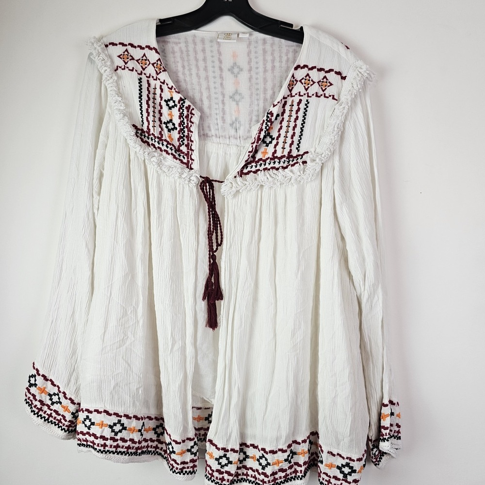 2 Chic Luxe Womens Tunic Long Sleeve Boho Tie Front White M/L Embroidered